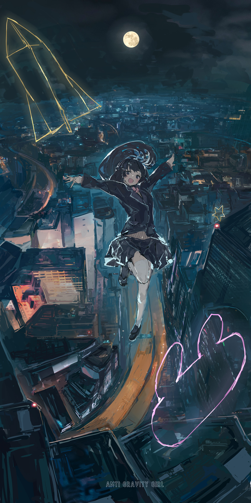 1girl :d absurdres bangs black_footwear black_hair black_jacket black_skirt blunt_bangs bow bowtie building bunny_symbol city_lights cityscape cloud commentary full_moon hair_ornament hairclip highres jacket loafers long_hair long_sleeves looking_at_viewer moon night night_sky nijisanji ph. pink_bow pink_bowtie road rocket school_uniform shoes skirt sky smile solo star_(symbol) street thighhighs tsukino_mito v_arms very_long_hair virtual_youtuber white_legwear wing_collar