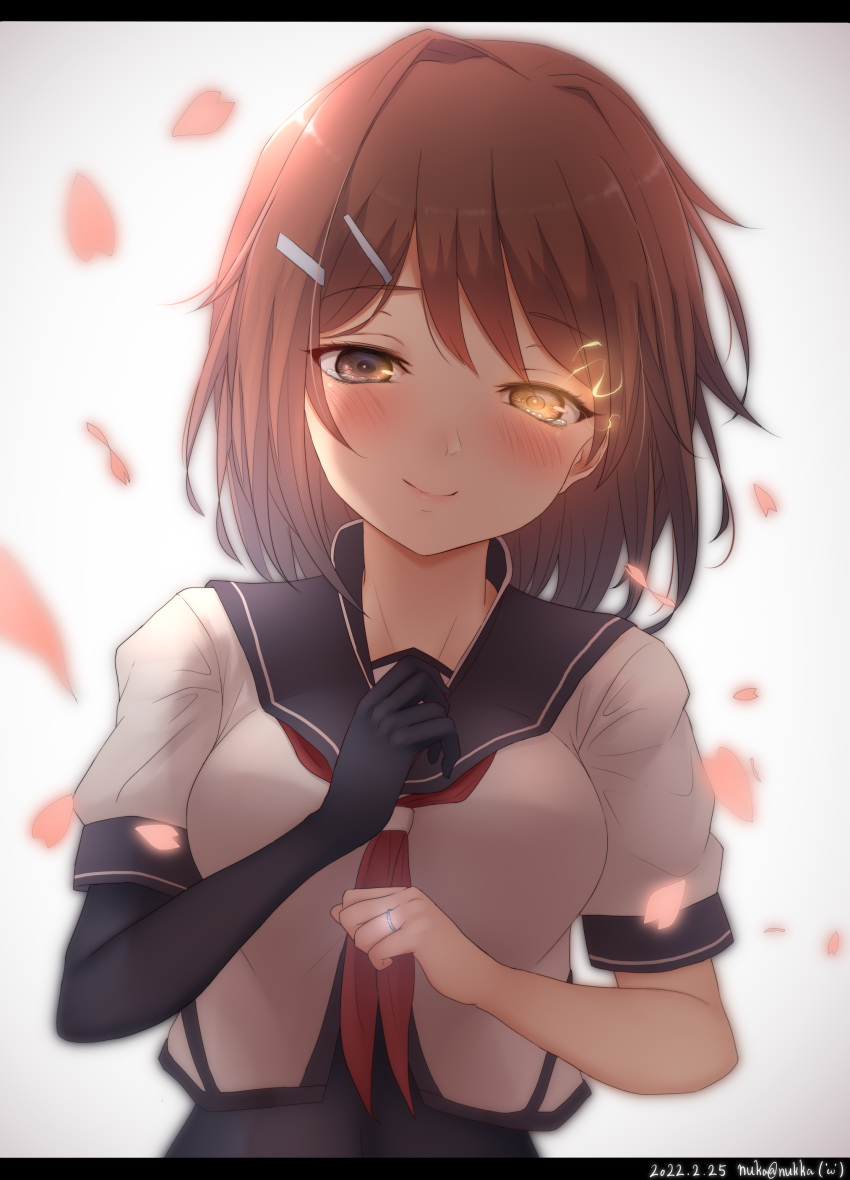 1girl absurdres artist_name black_gloves black_sailor_collar blush brown_eyes brown_hair closed_mouth dated elbow_gloves eyebrows_visible_through_hair furutaka_(kancolle) furutaka_kai_ni_(kancolle) gloves glowing glowing_eye hair_between_eyes hair_ornament hairclip heterochromia highres kantai_collection kerchief nuka_(nvkka) red_neckwear sailor_collar school_uniform serafuku short_hair short_sleeves signature single_elbow_glove smile solo upper_body yellow_eyes