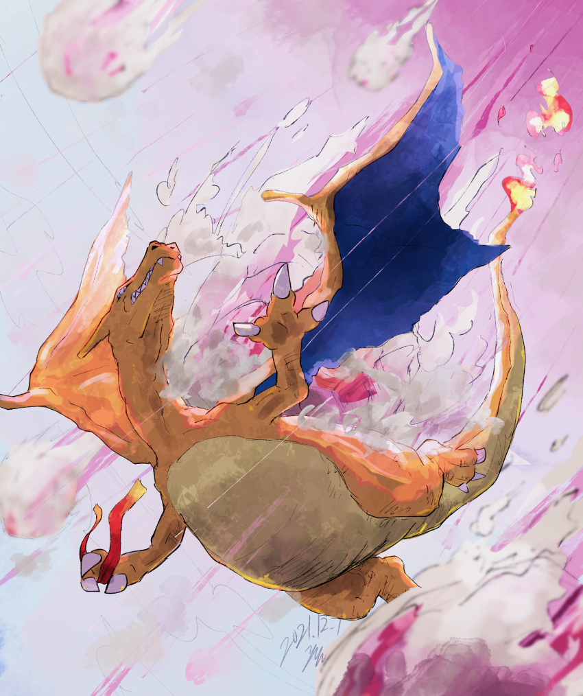 aomon_(yuuji7604) blurry charizard claws commentary_request dated draco_meteor_(pokemon) falling fire flame-tipped_tail focus_sash highres no_humans pokemon pokemon_(creature) sharp_teeth solo teeth