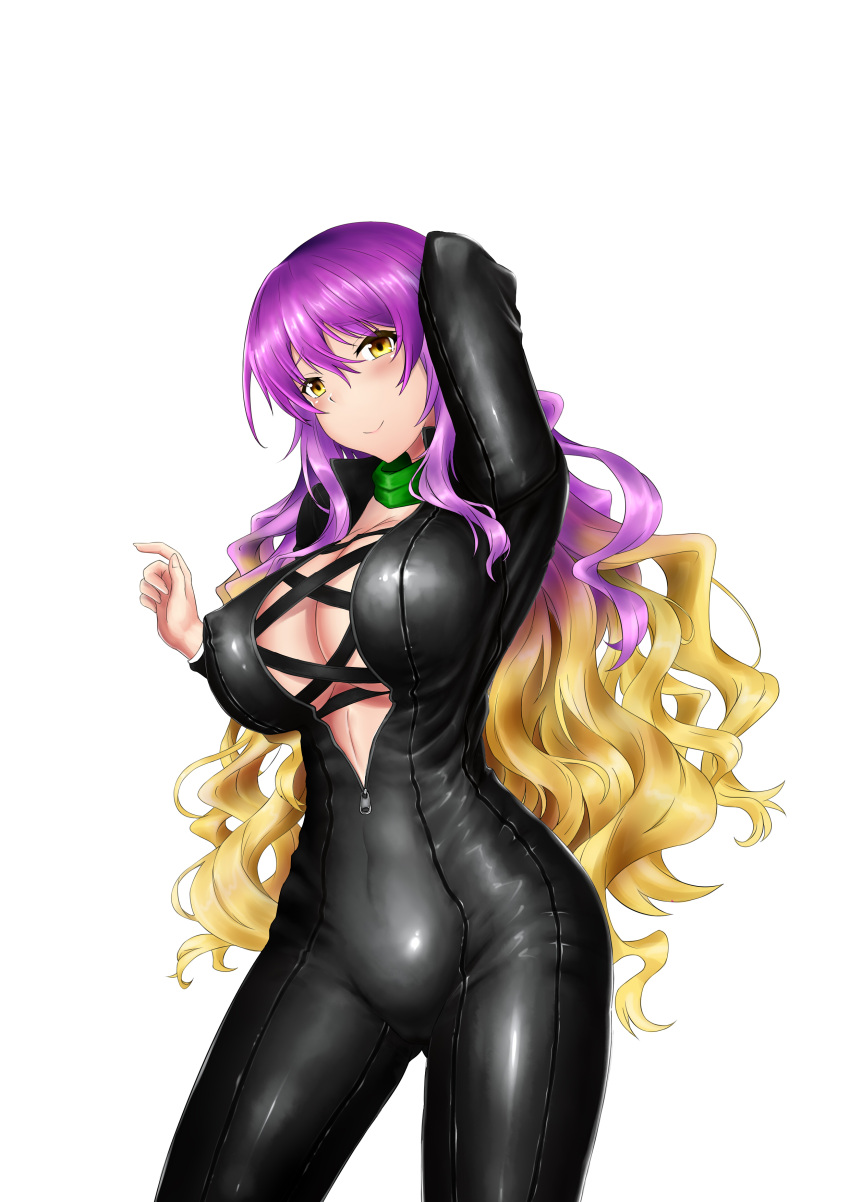 1girl absurdres arm_up biker_clothes bikesuit black_bodysuit blonde_hair bodysuit breasts center_opening cleavage closed_mouth commentary_request covered_navel covered_nipples cowboy_shot cross-laced_clothes gradient_hair green_scarf highres hijiri_byakuren impossible_clothes large_breasts leather_suit long_hair multicolored_hair purple_hair scarf simple_background skin_tight smile touhou turbo_byakuren unzipped wavy_hair white_background yellow_eyes zakusan zipper zipper_pull_tab