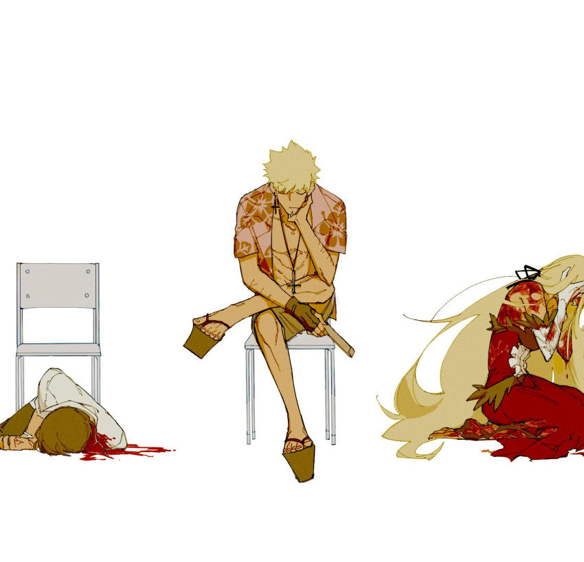 1girl 2boys araragi_koyomi backless_dress backless_outfit bakemonogatari black_hair black_ribbon blonde_hair blood blood_on_clothes chair closed_eyes covering_face cross crying death dress elbow_gloves envelope fangs feet fingerless_gloves gloves hair_ribbon hawaiian_shirt highres inverted_cross inverted_cross_earrings inverted_cross_necklace kiss-shot_acerola-orion_heart-under-blade kneeling long_hair monogatari_(series) multiple_boys open_clothes open_shirt oshino_meme panyasan_777 pink_shirt platform_footwear red_dress ribbon sandals shirt short_hair shorts sitting spiked_hair toes torn_clothes torn_legwear very_long_hair white_background