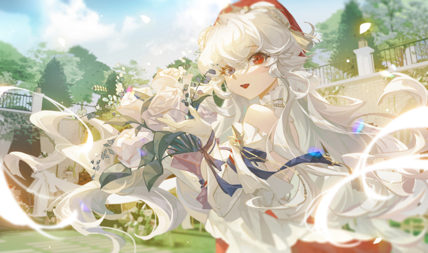 1girl :d absurdres animal_ears arknights bangs bare_shoulders bear_ears blue_eyes blush bouquet day detached_collar detached_sleeves dress eyebrows_visible_through_hair flower from_behind hat heterochromia highres holding holding_bouquet long_hair long_sleeves looking_at_viewer looking_back official_alternate_costume open_mouth outdoors park petals red_eyes red_headwear rosa_(arknights) rosa_(masterpiece)_(arknights) rose silver_hair smile solo tassel tuzhate upper_body very_long_hair white_dress white_flower white_rose