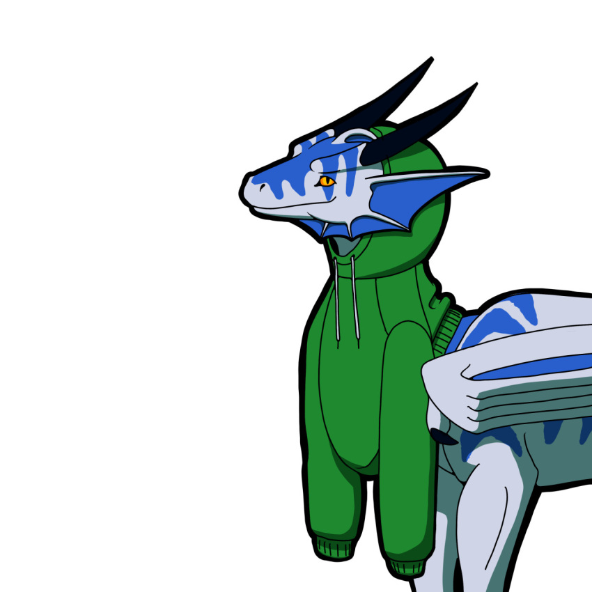 ambiguous_gender cel_shading clothed clothing dragon feral fin hi_res hoodie horn kestenan kestenan_(artist) looking_at_viewer markings shaded simple_background solo stripes topwear