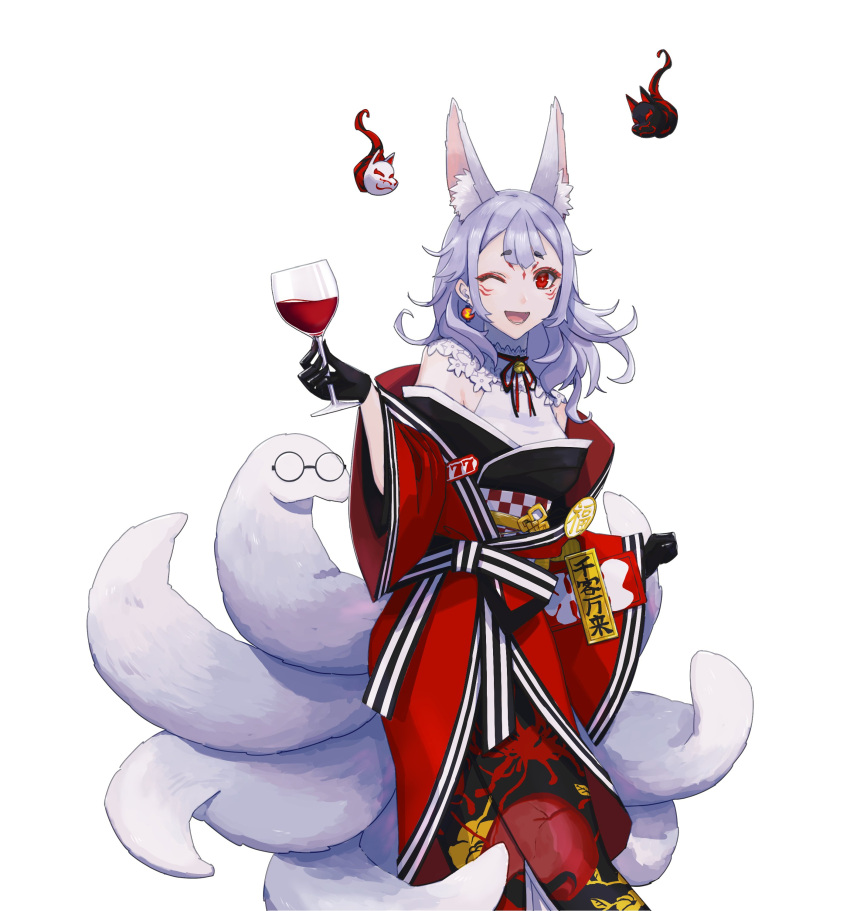 1girl absurdres animal_ear_fluff animal_ears black_gloves black_kimono checkered_obi clenched_hand cup drinking_glass earrings extra_ears eyebrows_visible_through_hair eyeshadow facial_mark forehead_mark fox_ears fox_girl fox_tail gloves highres hitodama holding holding_cup japanese_clothes jewelry kimono lantern_earrings makeup mole mole_under_eye multiple_tails nijisanji nijisanji_en nina_kosaka obi off_shoulder one_eye_closed red_eyes red_eyeshadow red_kimono sash single_earring smile solo striped_sash tail virtual_youtuber white_background wine_glass yf_(hgjvjezarne5xh)