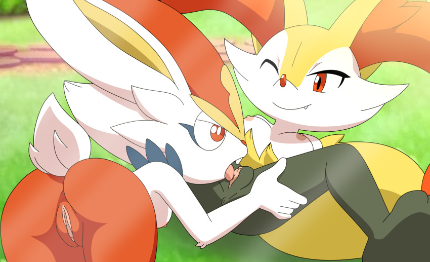 absurd_res anthro braixen breasts buckteeth butt cinderace cunnilingus duo female female/female genitals hi_res lying nintendo nude on_back one_eye_closed oral pok&eacute;mon pok&eacute;mon_(species) pussy sex smile snaggle_tooth spread_legs spreading teeth tongue tongue_out vaginal video_games wesambjusdem