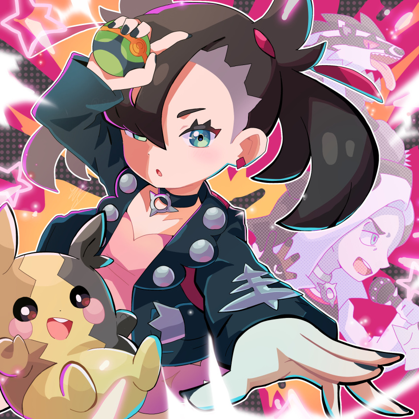 1boy 1girl :o arm_up asymmetrical_bangs bangs black_choker black_jacket black_nails choker commentary_request dress dusk_ball earrings green_eyes hair_ribbon highres holding holding_poke_ball jacket jewelry looking_at_viewer marnie_(pokemon) medium_hair morpeko morpeko_(full) nail_polish obstagoon open_clothes open_jacket piers_(pokemon) pink_dress poke_ball pokemon pokemon_(game) pokemon_swsh ribbon sowao. twintails