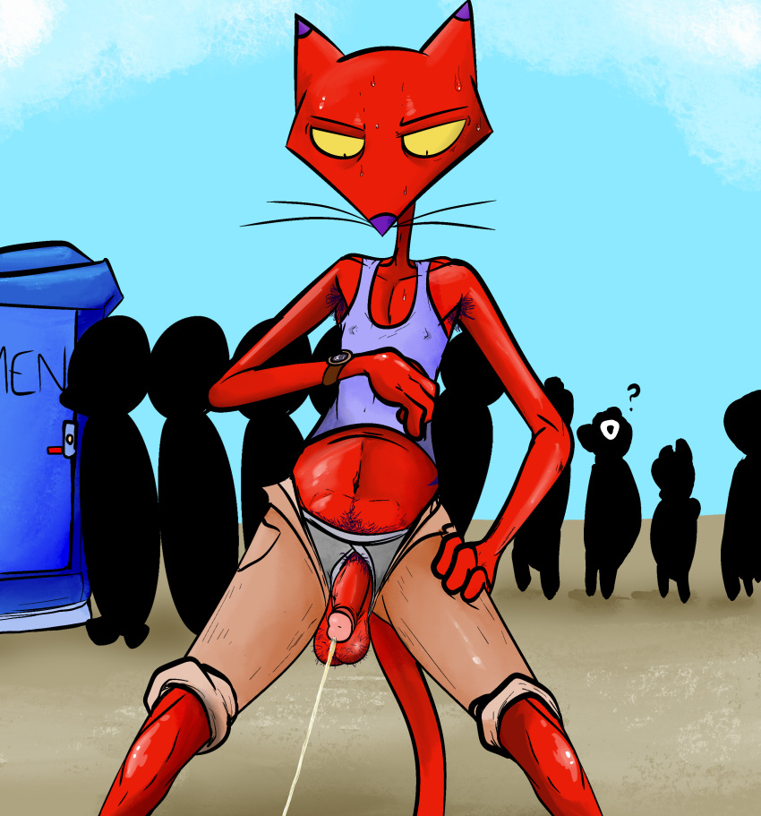 absurd_res annoyed anthro balls beach bodily_fluids body_hair bottomwear cartoon_network clothed clothing courage_the_cowardly_dog domestic_cat felid feline felis genitals group happy_trail hi_res illegaleel katz_(courage_the_cowardly_dog) looking_at_watch male mammal nipples_through_clothes omorashi open_bottomwear open_clothing open_pants pants peeing penis poking_out portapotty public_urination seaside sweat underwear