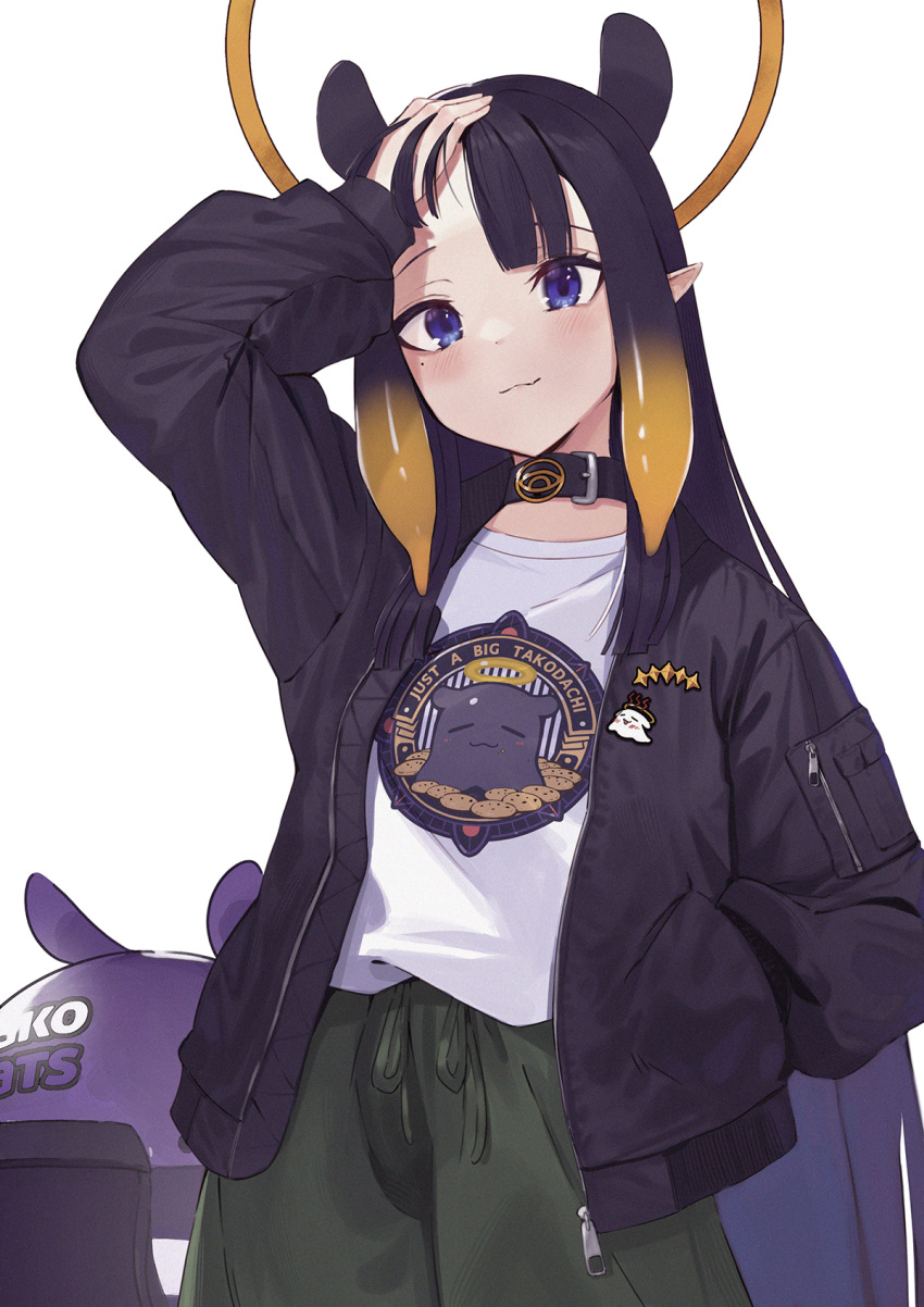 1girl animal_ears bangs blush character_print closed_mouth clothes_writing commentary english_text green_pants halo hand_in_pocket hand_on_own_head highres hololive hololive_english jacket long_hair long_sleeves looking_at_viewer mole mole_under_eye ninomae_ina'nis open_clothes open_jacket pants pointy_ears purple_eyes purple_hair purple_jacket ranyu shirt simple_background solo symbol-only_commentary tako_(ninomae_ina'nis) very_long_hair virtual_youtuber white_background white_shirt