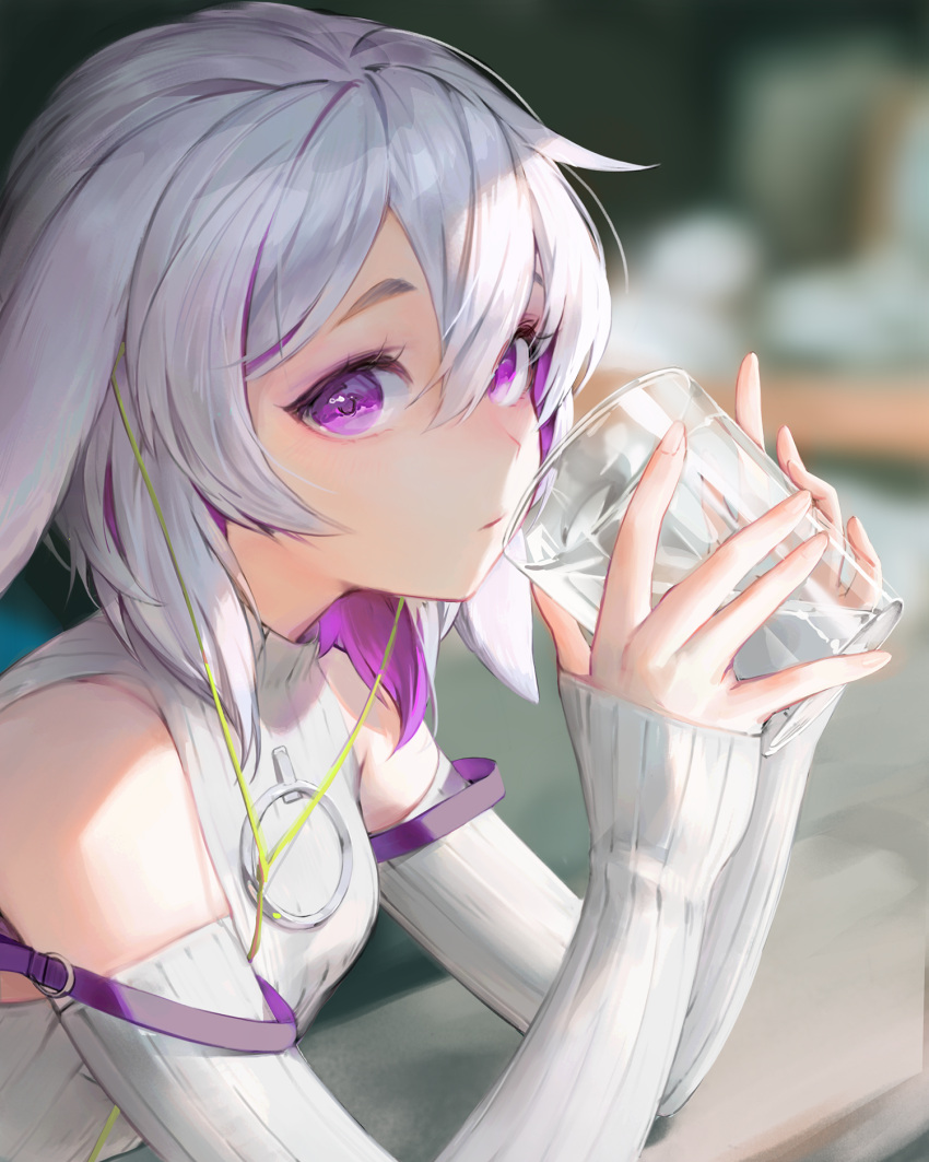 1girl animal_ears bangs bare_shoulders blurry blurry_background breasts bunny cable colored_inner_hair cup detached_sleeves drink drinking_glass ear_down earphones elbow_rest eyelashes fingernails from_side hair_between_eyes hands_up hansum highres holding holding_cup looking_at_viewer multicolored_hair o-ring original purple_eyes purple_hair rabbit_ears shade short_hair sideways_glance sleeves_past_wrists small_breasts solo strap_slip turtleneck two-tone_hair upper_body white_hair