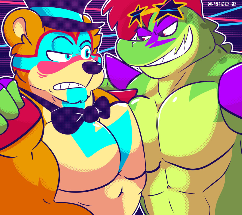 2022 abs abstract_background alligator alligatorid anthro arm_around_shoulders big_muscles big_pecs bow_tie clothing crocodilian duo eyebrows eyewear eyewear_on_head facial_markings fingerless_gloves five_nights_at_freddy's five_nights_at_freddy's:_security_breach fizzyjay frown fur glamrock_freddy_(fnaf) gloves hair hand_on_shoulder handwear hat head_markings headgear headwear hi_res looking_at_another male mammal markings mohawk montgomery_gator_(fnaf) muscular muscular_anthro muscular_male narrowed_eyes nude pec_squish pecs raised_eyebrow reptile scalie scottgames shoulder_pads smile squish sunglasses sunglasses_on_head teeth text top_hat tuft url ursid video_games