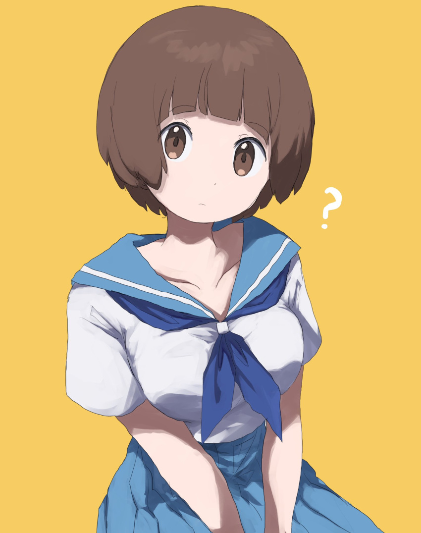 1girl ? bangs between_legs blue_skirt blunt_bangs bob_cut breasts brown_eyes brown_hair eyebrows_visible_through_hair hand_between_legs highres kill_la_kill looking_at_viewer mankanshoku_mako medium_breasts school_uniform serafuku short_hair skirt solo takatisakana yellow_background