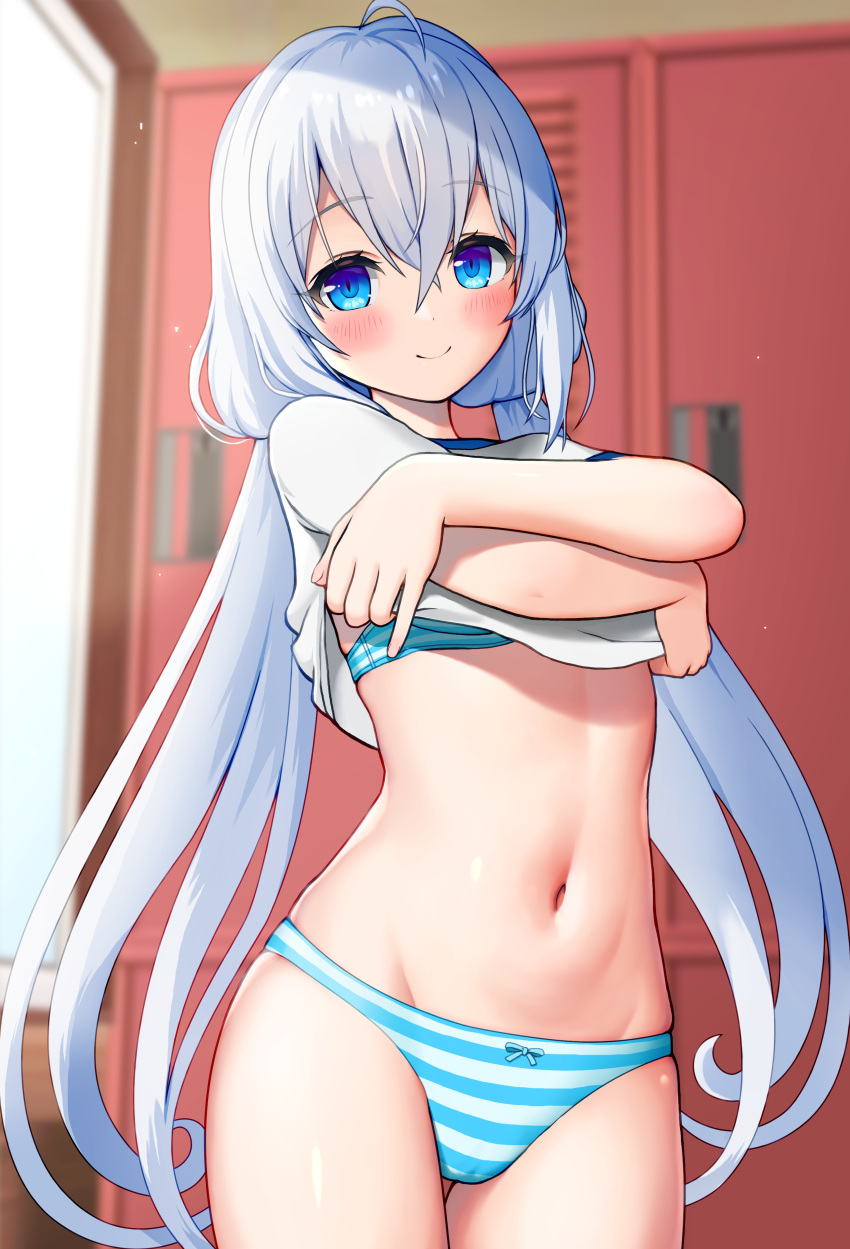 1girl absurdres ahoge bangs blue_bra blue_eyes blue_panties blurry blurry_background blush bra closed_mouth clothes_lift custom_maid_3d_2 eyebrows_visible_through_hair groin hair_between_eyes highres indoors kametaro0723 lifted_by_self locker locker_room long_hair looking_at_viewer low_twintails navel original panties ribbon_panties shirt shirt_lift short_sleeves silver_hair smile solo standing striped striped_bra striped_panties twintails underwear very_long_hair white_shirt