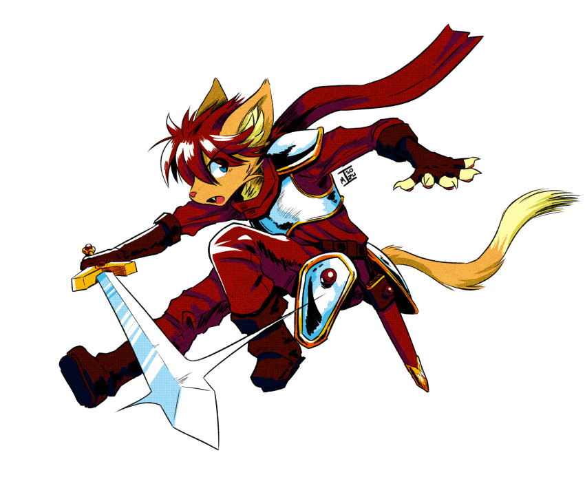 2022 anthro armor carpetwurm clothed clothing conditional_dnp domestic_cat falcom felid feline felis fully_clothed hair hi_res male mammal melee_weapon open_mouth red_hair scarf signature solo sword weapon