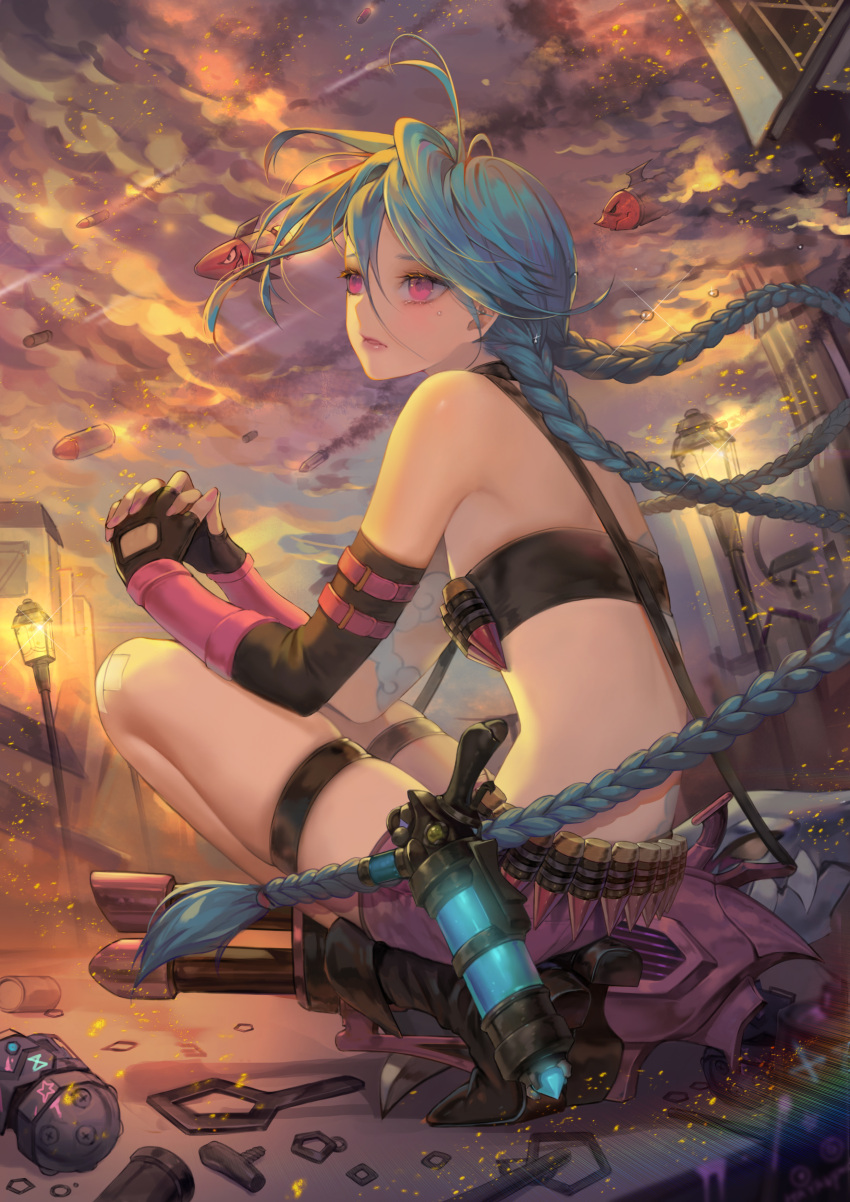 1girl absurdres ammunition arm_strap arm_tattoo back_tattoo bandaid bandaid_on_knee bandaid_on_leg bandolier bangs black_footwear blue_hair boots braid bullet cloud cloudy_sky commentary crop_top destruction elbow_gloves english_commentary fingerless_gloves fishbones_(jinx) flat_chest floating_hair flying_teardrops from_side full_body gatling_gun gloves graffiti grey_sky gun hayanpool highres holstered_weapon jinx_(league_of_legends) lamppost league_of_legends long_hair looking_afar minigun missile nut_(hardware) own_hands_together parted_lips pink_eyes pink_nails purple_shorts revision rocket rocket_launcher screw short_shorts shorts sky solo squatting tattoo tears thigh_strap twin_braids very_long_hair weapon