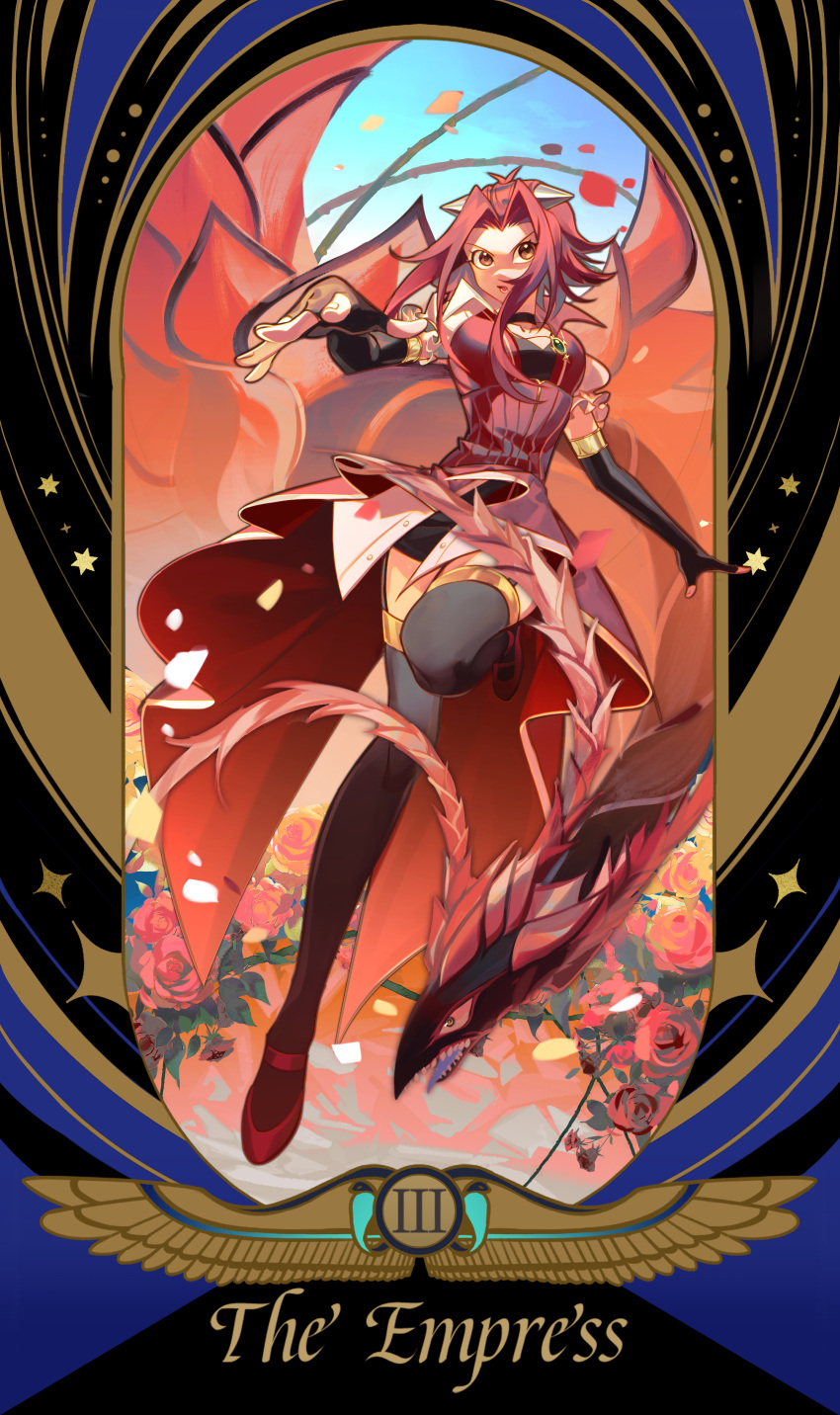 1girl absurdres black_rose_dragon border breasts duel_monster english_text flower foreshortening full_body highres izayoi_aki long_hair looking_at_viewer petals red_hair roman_numeral rose sidelocks solo_focus ssbaby tarot the_empress_(tarot) thighhighs yu-gi-oh! yu-gi-oh!_5d's