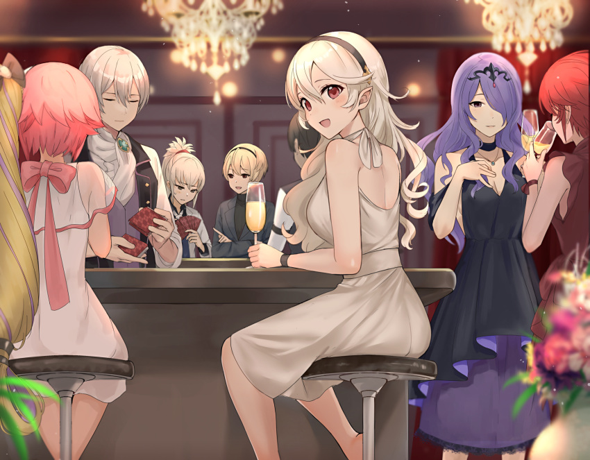 4boys 5girls alcohol alternate_costume blonde_hair bow breasts brown_eyes card choker cleavage closed_eyes corrin_(fire_emblem) corrin_(fire_emblem)_(female) cup dress drink drinking_glass elise_(fire_emblem) fire_emblem fire_emblem_fates glass grey_eyes grey_hair hair_over_one_eye hairband haru_(nakajou-28) highres indoors jakob_(fire_emblem) leo_(fire_emblem) long_hair looking_at_viewer looking_back medium_breasts multiple_boys multiple_girls open_mouth pink_hair pointy_ears ponytail purple_eyes purple_hair red_eyes red_hair sakura_(fire_emblem) short_hair shuffling_cards sitting smile stool takumi_(fire_emblem) twintails very_long_hair