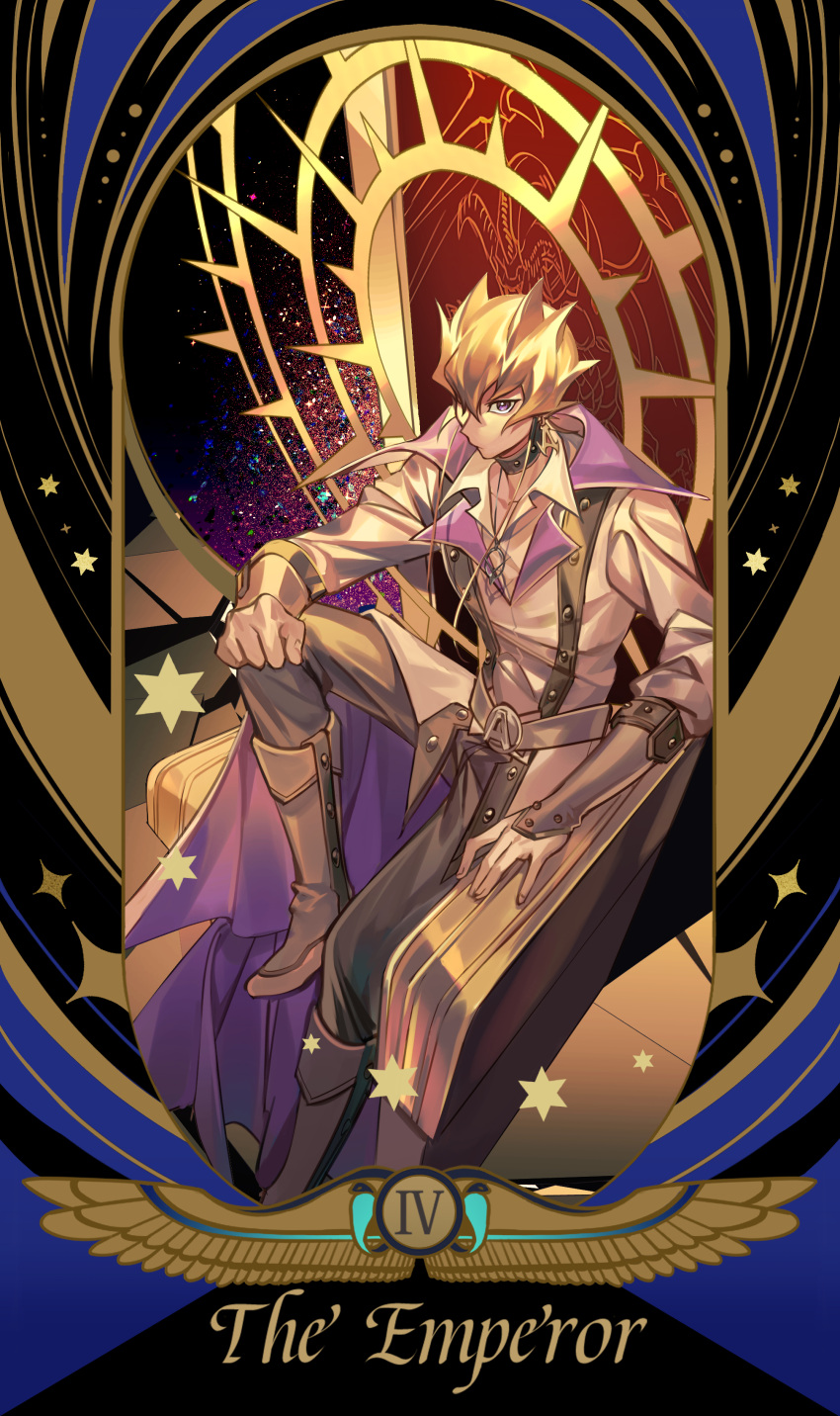 1boy absurdres belt border coat earrings english_text from_above full_body grey_belt highres jack_atlas jewelry male_focus necklace open_clothes open_coat partially_unbuttoned roman_numeral shirt short_hair sitting solo ssbaby tarot the_emperor_(tarot) throne white_shirt yu-gi-oh! yu-gi-oh!_5d's