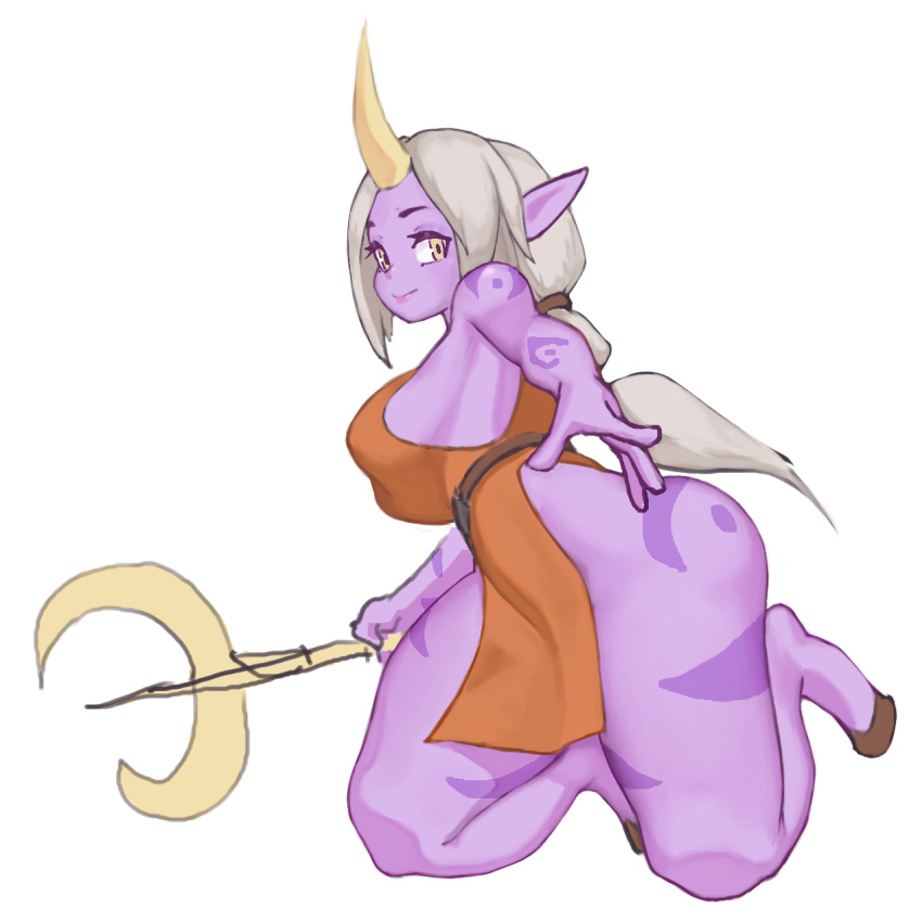 athletic big_breasts black_eyebrows breasts butt clothed_female eyebrows female female_focus hair hi_res holding_object holding_weapon hooves horn horned_humanoid humanoid humanoid_pointy_ears kneeling league_of_legends long_hair looking_at_viewer ponytail purple_body purple_skin riot_games shimuto5 side_boob side_view simple_background solo soraka staff tattoo thick_thighs video_games weapon white_background white_hair wide_hips yellow_eyes