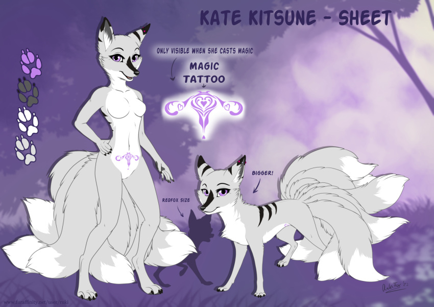 anthro breasts canid canine featureless_breasts female feral fox fur mammal model_sheet multi_tail purple_eyes rukifox shape_shifter symbol_on_belly white_body white_fur