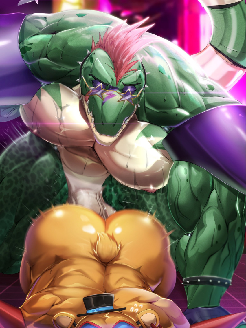 2022 abs all_fours alligator alligatorid anal anal_penetration anthro anthro_on_anthro anthro_penetrated anthro_penetrating anthro_penetrating_anthro armband ass_up back_muscles balls bastroceive biceps big_balls big_butt big_muscles big_pecs big_penis bodily_fluids butt clothing collar crocodilian duo ear_piercing ear_ring erection eyebrows eyes_closed eyewear facial_markings fingerless_gloves five_nights_at_freddy's five_nights_at_freddy's:_security_breach from_behind_position fur genitals glamrock_freddy_(fnaf) gloves handwear hat head_markings headgear headwear hi_res huge_balls huge_muscles huge_penis licking licking_lips licking_own_lips lying male male/male male_penetrated male_penetrating male_penetrating_male mammal markings mohawk montgomery_gator_(fnaf) motion_blur motion_lines muscular muscular_anthro muscular_male nipples non-mammal_balls non-mammal_nipples nude on_front pecs penetration penile penile_penetration penis penis_in_ass piercing reptile scalie scottgames self_lick sex shoulder_pads smile spiked_armband spiked_collar spikes sunglasses sweat teeth thrusting tongue tongue_out top_hat tuft ursid vein veiny_muscles video_games