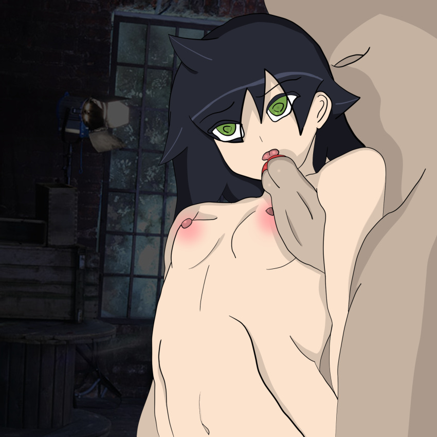 1boy 1girl areolae armpit_sex black_hair camera_flash completely_nude dark_background eyebrows_visible_through_hair fellatio green_eyes hetero highres huge_penis kuroki_tomoko licking licking_penis navel nipples nude oral penis self_upload thecoffeemagistrate uncensored watashi_ga_motenai_no_wa_dou_kangaetemo_omaera_ga_warui!