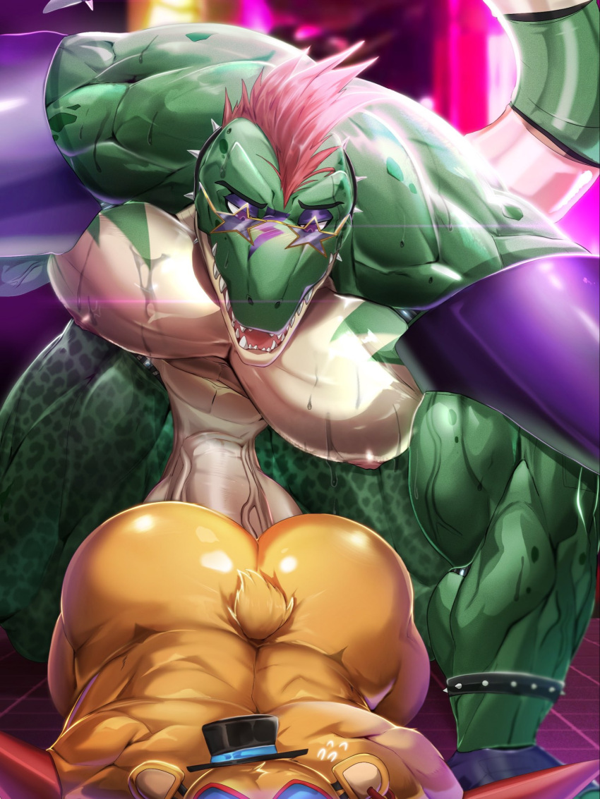 2022 abs all_fours alligator alligatorid anal anal_penetration anthro anthro_on_anthro anthro_penetrated anthro_penetrating anthro_penetrating_anthro armband ass_up back_muscles balls bastroceive biceps big_balls big_butt big_muscles big_pecs big_penis blush bodily_fluids butt clothing collar crocodilian duo ear_piercing ear_ring erection eyebrows eyewear facial_markings fingerless_gloves five_nights_at_freddy's five_nights_at_freddy's:_security_breach from_behind_position fur genitals glamrock_freddy_(fnaf) gloves handwear hat head_markings headgear headwear hi_res huge_balls huge_muscles huge_penis lying male male/male male_penetrated male_penetrating male_penetrating_male mammal markings mohawk montgomery_gator_(fnaf) muscular muscular_anthro muscular_male nipples non-mammal_balls non-mammal_nipples nude on_front pecs penetration penile penile_penetration penis penis_in_ass piercing reptile scalie scottgames sex shoulder_pads spiked_armband spiked_collar spikes sunglasses sweat teeth top_hat tuft ursid vein veiny_muscles video_games