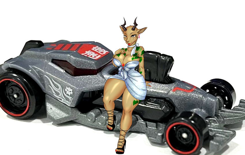 anthro beastars big_breasts breasts car crossgender female greedmasterh hi_res lips_on_muzzle looking_at_viewer melon_(beastars) plantigrade solo tattoo thick_thighs vehicle