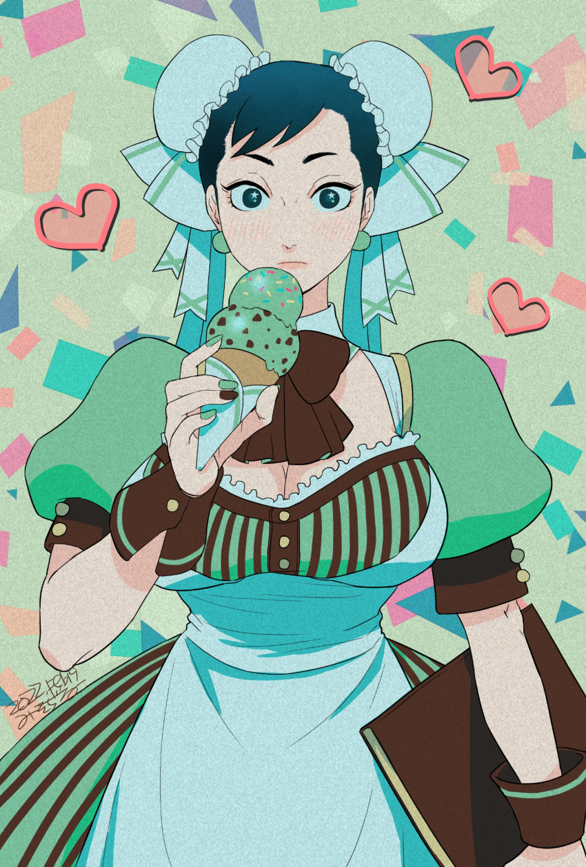 1girl absurdres alternate_costume apron black_eyes black_hair blush bow bowtie breasts brown_bow brown_bowtie brown_nails bun_cover center_opening chocolate_mint_ice_cream chun-li cleavage closed_mouth commentary cowboy_shot dated double_bun dress earrings food green_background green_dress green_nails hair_ribbon heart highres holding holding_food holding_menu ice_cream ice_cream_cone jewelry large_breasts lips looking_at_viewer menu misodiru multicolored_nails nail_polish puffy_short_sleeves puffy_sleeves ribbon short_hair short_sleeves signature solo star_(symbol) star_in_eye street_fighter striped striped_dress symbol_in_eye vertical-striped_dress vertical_stripes white_apron white_ribbon wrist_cuffs
