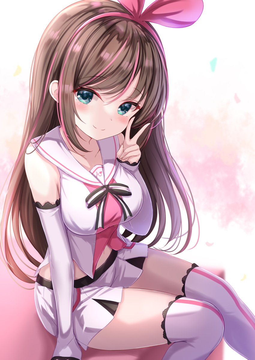 1girl bangs black_bow black_bowtie blue_eyes blush bow bow_hairband bowtie breasts brown_hair closed_mouth commentary_request detached_sleeves eyebrows_visible_through_hair feet_out_of_frame hairband hand_up highres kizuna_ai kizuna_ai_inc. lace-trimmed_legwear lace_trim long_hair long_sleeves looking_at_viewer medium_breasts pink_hair sailor_collar shirt sitting skirt sleeves_past_wrists smile solo thighhighs v virtual_youtuber white_legwear white_sailor_collar white_shirt white_skirt yuano