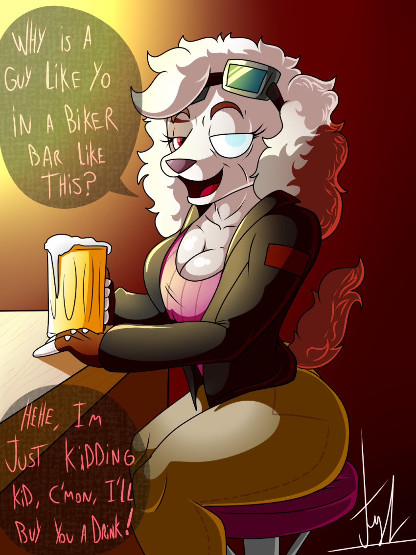age_difference alcohol anthro bar beer belladonna_(lechugansfw) beverage blind_eye canid canine canis clothed clothing dialogue domestic_dog eyewear female fur glasses hi_res lechugansfw looking_at_viewer mammal older_female solo white_body white_fur