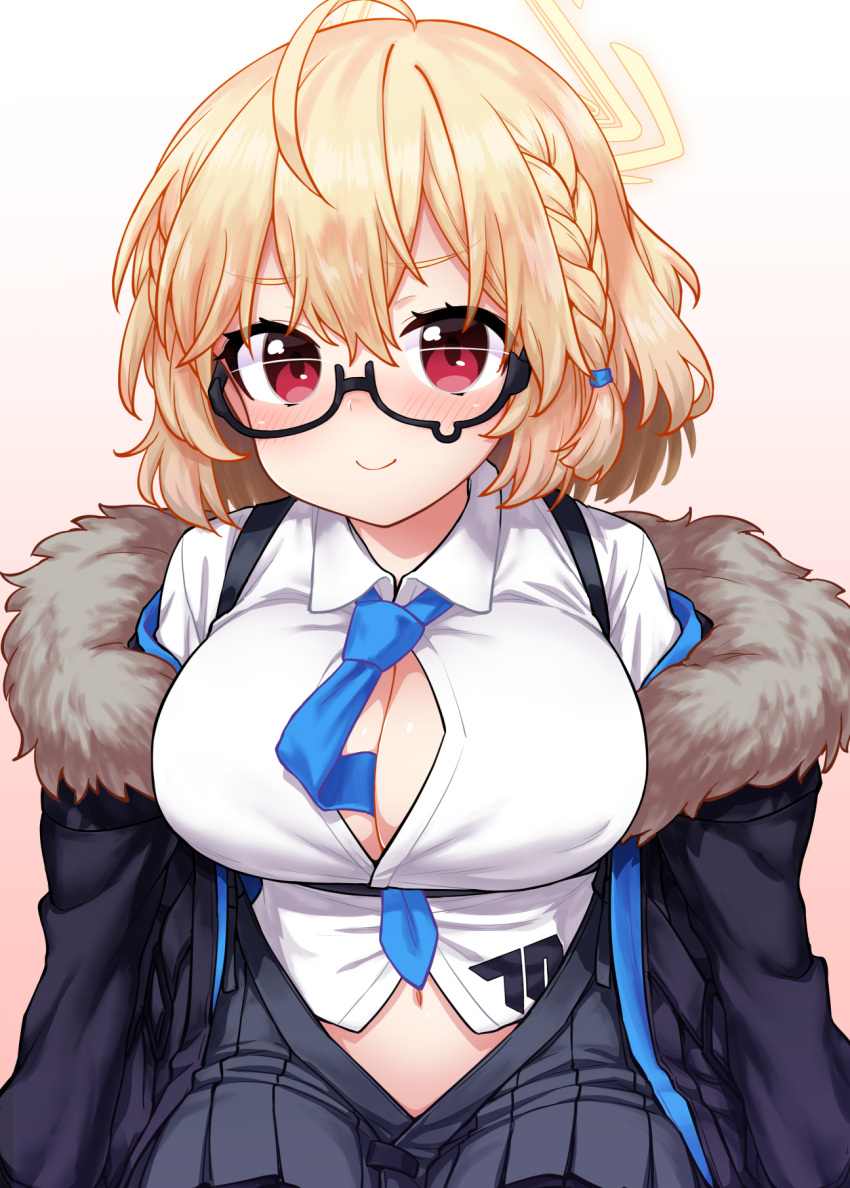 1girl ahoge between_breasts black-framed_eyewear blonde_hair blue_archive blue_necktie blush braid breasts cleavage closed_mouth collared_shirt commentary eyebrows_visible_through_hair fur-trimmed_jacket fur_trim glasses gradient gradient_background hair_between_eyes halo highres itou_yuuji jacket kotori_(blue_archive) large_breasts looking_at_viewer navel necktie necktie_between_breasts open_clothes open_jacket pink_background pleated_skirt red_eyes reward_available semi-rimless_eyewear shirt sitting skirt smile solo under-rim_eyewear white_shirt