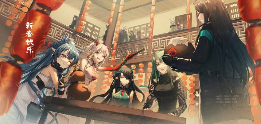 4boys 6+girls :d amiya_(arknights) amiya_(fresh_fastener)_(arknights) animal_ears arknights arm_tattoo bead_bracelet beads black_coat black_gloves black_headwear black_skin blacknight_(arknights) blue_eyes blue_hair blue_skirt bracelet breasts china_dress chinese_clothes coat colored_skin courier_(arknights) cow_ears cow_girl cow_horns d: decorations deer_ears doctor_(arknights) dragon_horns dress dusk_(arknights) dusk_(everything_is_a_miracle)_(arknights) dutch_angle ear_piercing facing_away female_doctor_(arknights) fur-trimmed_coat fur_trim gloves gogatsu_fukuin green_dress green_hair grey_hair hand_up highres holding holding_gourd holding_pot horns hoshiguma_(arknights) indoors jewelry kal'tsit_(arknights) lantern large_breasts lee_(arknights) ling_(arknights) lofter_username long_hair looking_at_viewer matterhorn_(arknights) medium_breasts multicolored_hair multiple_boys multiple_girls neck_ribbon necklace nian_(arknights) nian_(unfettered_freedom)_(arknights) official_alternate_costume one_eye_closed oni_horns open_mouth paper_lantern piercing pillar pointy_ears ponytail pot purple_eyes rabbit_ears railing red_hair red_ribbon red_scarf red_skin ribbon saga_(arknights) scarf shirt siblings silverash_(arknights) single_horn sisters sitting skirt sleeveless sleeveless_dress smile standing streaked_hair table tattoo teeth twitter_username upper_teeth weibo_username white_dress white_hair white_shirt yellow_eyes yellow_gloves