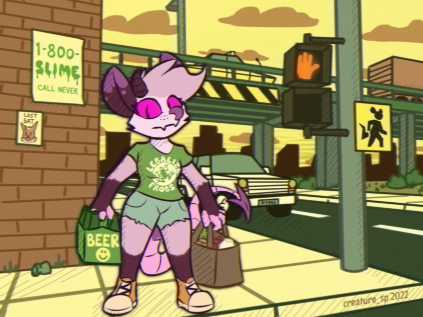 alcohol anthro bag beer beverage bottomwear brick_wall car city city_background cityscape clothing cloud creature_sp crosswalk demon didelphid english_text female footwear glowing glowing_eyes grass groceries hi_res holding_object horn mammal marsupial outside overpass plant poster purple_eyes purple_nose road shaded shirt shoes shorts shrub sidewalk sign sky sneakers solo spade_(character) spade_tail t-shirt text text_on_clothing topwear trans_(lore) trans_woman_(lore) truck_(vehicle) vehicle wall_(structure)