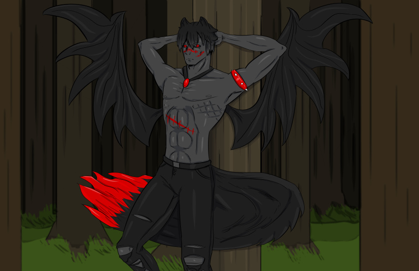 absurd_res bare_chest bat_wings big_tail black_and_red black_body black_bottomwear black_clothing black_fur black_hair black_pants black_skin bottomwear canid canine canis clothing collar demon forest forest_background fur grass hair hi_res humanoid hybrid jewelry male mammal membrane_(anatomy) membranous_wings muscular nature nature_background necklace pants plant scar solo tight_jeans torn_bottomwear torn_clothing torn_pants tree treebutnever wings wolf