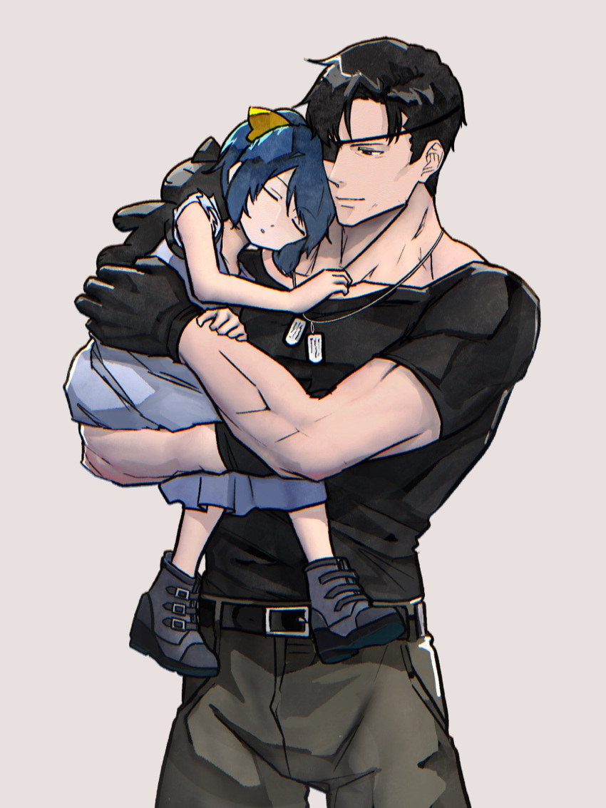 1boy 1girl black_hair black_shirt blue_hair chile dog_tags dress eyepatch father_and_daughter gloves heidern highres leona_heidern muscular muscular_male pants ribbon shirt short_hair sleeping syachiiro the_king_of_fighters white_dress