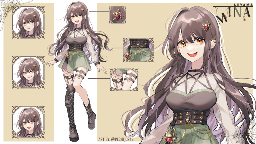 1girl asymmetrical_footwear belt black_belt black_footwear boots breasts brown_hair character_name character_sheet english_commentary fangs fishnets green_skirt hair_behind_ear highres indie_virtual_youtuber large_breasts mina_aoyama mismatched_footwear open_mouth orange_eyes pecchii second-party_source single_thigh_boot skirt smile smirk solo spider_hair_ornament thigh_boots thigh_strap thighhighs virtual_youtuber worried