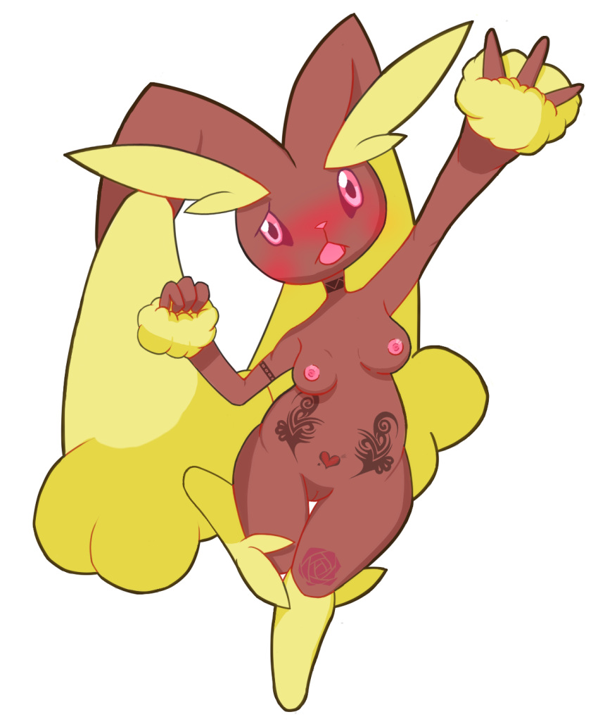 anthro areola arm_tattoo breasts brown_body female game_(disambiguation) genitals hi_res labbit lopunny mammal marth_wait nintendo nipples pink_areola pink_nipples pok&eacute;mon pok&eacute;mon_(species) pussy simple_background solo tattoo video_games