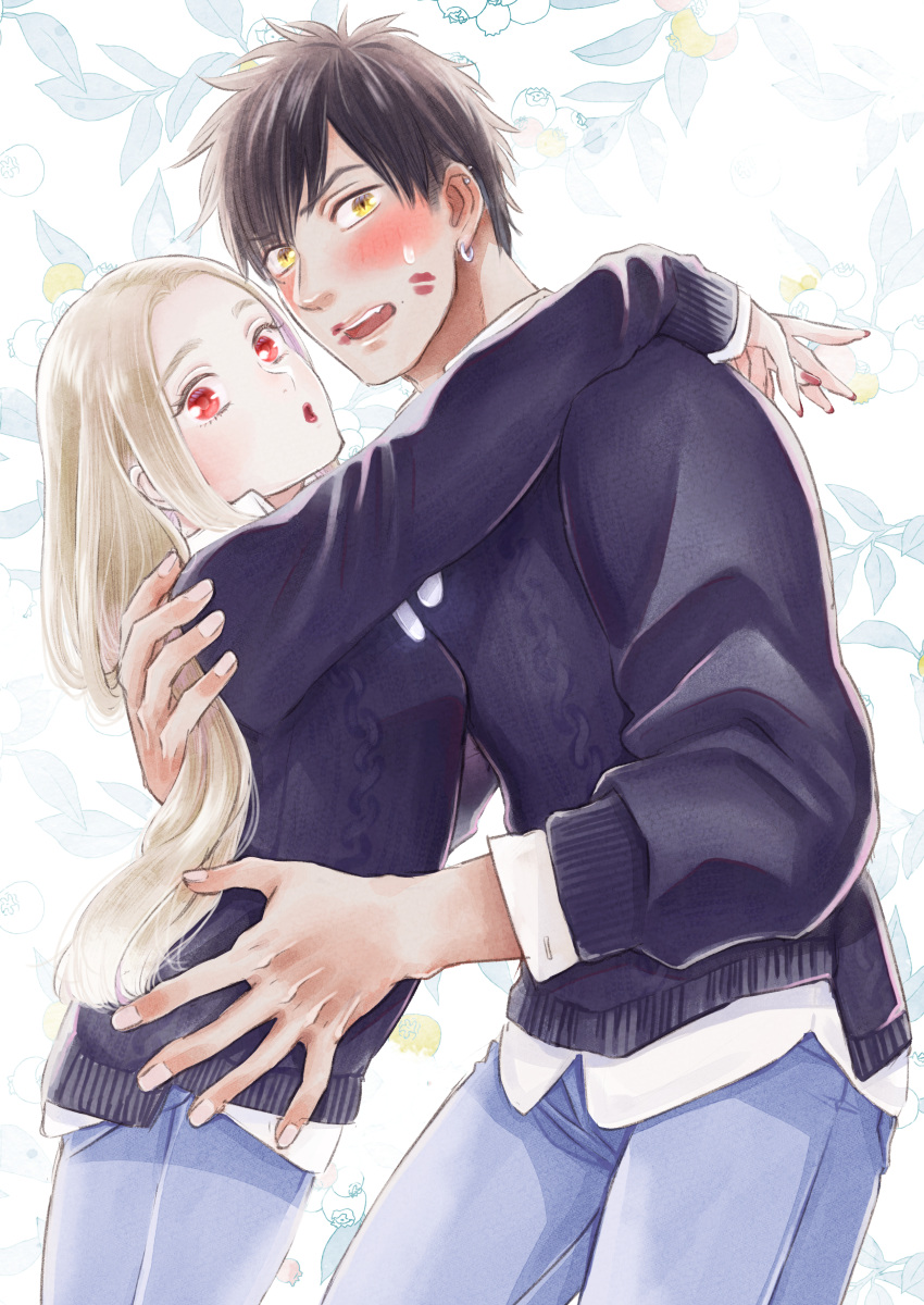 1boy 1girl absurdres aran_sweater black_hair blonde_hair blush commentary_request couple denim earrings from_side hetero highres jeans jewelry kiss kudo lipstick_mark long_hair matching_outfit original pants red_eyes revision short_hair sweater yellow_eyes