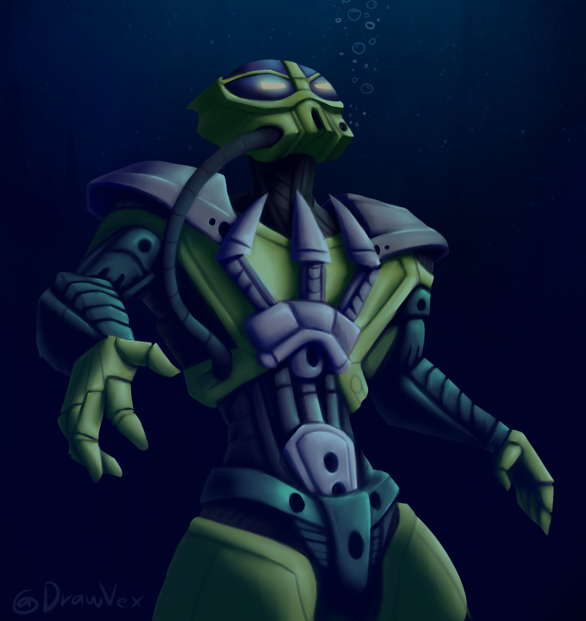 2022 5_fingers air_bubble ambiguous_gender armor bionicle dark_green_body digital_drawing_(artwork) digital_media_(artwork) diving_mask english_text fingers glare green_body green_eyes grey_body hi_res humanoid lego lesovikk_(bionicle) living_machine machine mask multicolored_body not_furry robot scuba_gear simple_background solo standing text toa two_tone_body underwater vexkanaloa water