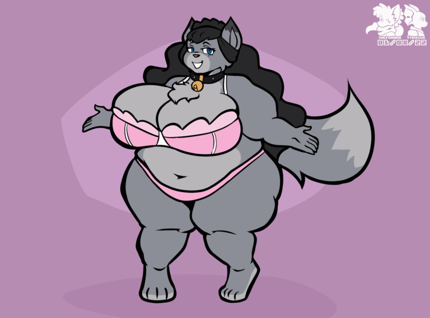 2d_animation animated anthro big_breasts black_hair blue_eyes blush bouncing_breasts breast_jiggle breasts clothing domestic_cat felid feline felis female fur grey_body grey_fur hair huge_breasts jiggling lingerie long_hair looking_at_viewer mammal overweight overweight_anthro overweight_female smile solo thefoxbro