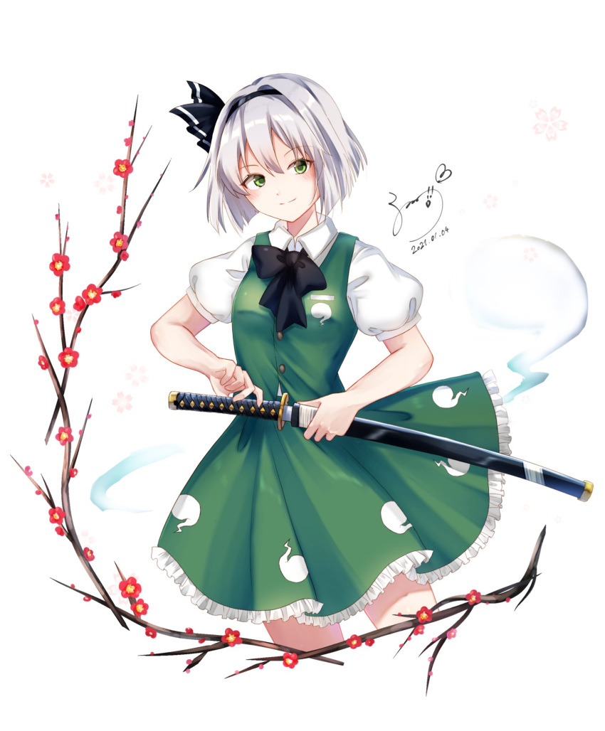 1girl bangs black_bow black_bowtie bob_cut bow bowtie branch closed_mouth dress green_dress green_eyes headband highres holding holding_sword holding_weapon katana konpaku_youmu looking_at_viewer pinafore_dress polo_shirt sheath shirt short_hair short_sleeves simple_background smile solanikieru solo sword touhou unsheathing weapon white_background white_hair white_shirt