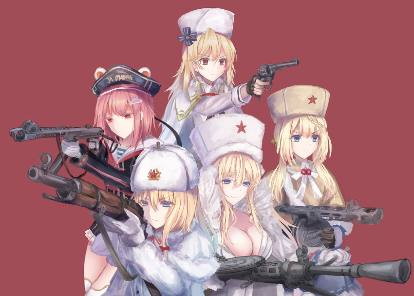 5girls absurdres bangs battle_rifle black_gloves blonde_hair blue_eyes bolt_action braid breasts brown_headwear cleavage closed_mouth coat coat_dress dp-28 dp28_(girls'_frontline) eyebrows_visible_through_hair fingerless_gloves fur-trimmed_coat fur_trim girls'_frontline gloves gun hair_between_eyes hair_ornament hairclip hat highres holding holding_gun holding_weapon large_breasts light_blue_eyes long_hair looking_at_viewer machine_gun martinreaction military_hat mosin-nagant mosin-nagant_(girls'_frontline) multiple_girls nagant_m1895 nagant_revolver_(girls'_frontline) papakha pink_hair pps-43 pps-43_(girls'_frontline) ppsh-41 ppsh-41_(girls'_frontline) red_background red_eyes revolver rifle serious single_braid small_breasts smile standing submachine_gun telnyashka weapon white_coat white_gloves white_headwear