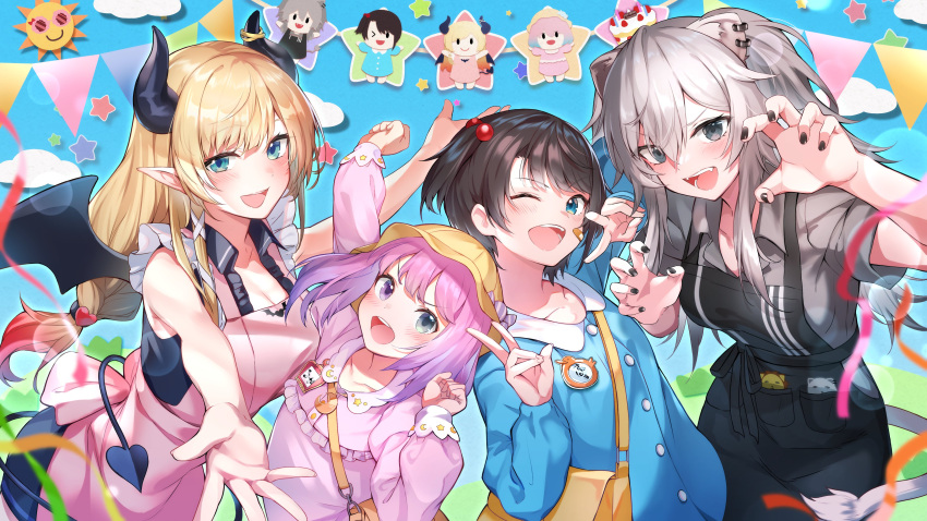 4girls absurdres alicecoco apron bag bandaid bandaid_on_face black_nails blush cake claw_pose cloud double_v food hair_bobbles hair_ornament hat highres himemori_luna hololive kindergarten_bag kindergarten_uniform multiple_girls name_tag official_art oozora_subaru outstretched_arms pennant raised_fist school_hat shishiro_botan spread_arms star_(symbol) string_of_flags sun_symbol v yuzuki_choco