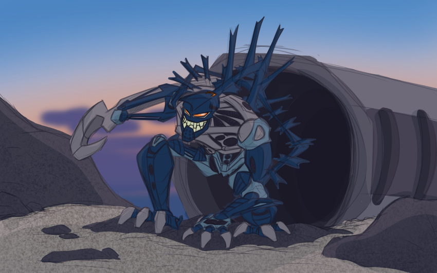 2022 3_fingers 3_toes ambiguous_gender armor bared_teeth beach beta_core bionicle biped blue_body capsule claws cloud container detailed_background digital_drawing_(artwork) digital_media_(artwork) feet fingers grey_body hand_on_ground hi_res hook hook_hand humanoid kneeling lego machine male melee_weapon multicolored_body muscular not_furry open_mouth outside piraka red_eyes robot rock sand sea seaside sharp_teeth simple_background skakdi sky spikes spikes_(anatomy) teeth toes two_tone_body vezok water weapon weapon_arm