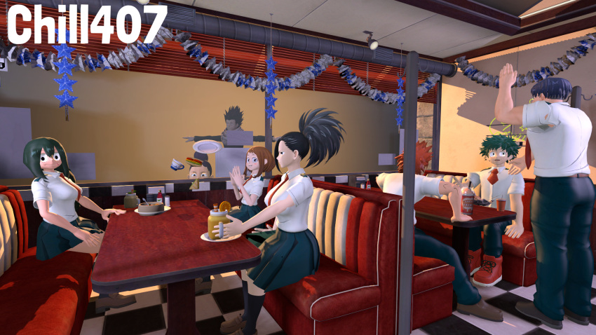 3d_(artwork) asui_tsuyu chill407 clothing digital_media_(artwork) diner eijiro_kirishima female group hi_res human izuku_midoriya male mammal momo_yaoyorozu my_hero_academia nickelodeon school_uniform shota_aizawa source_filmmaker t-pose tenya_ida uniform