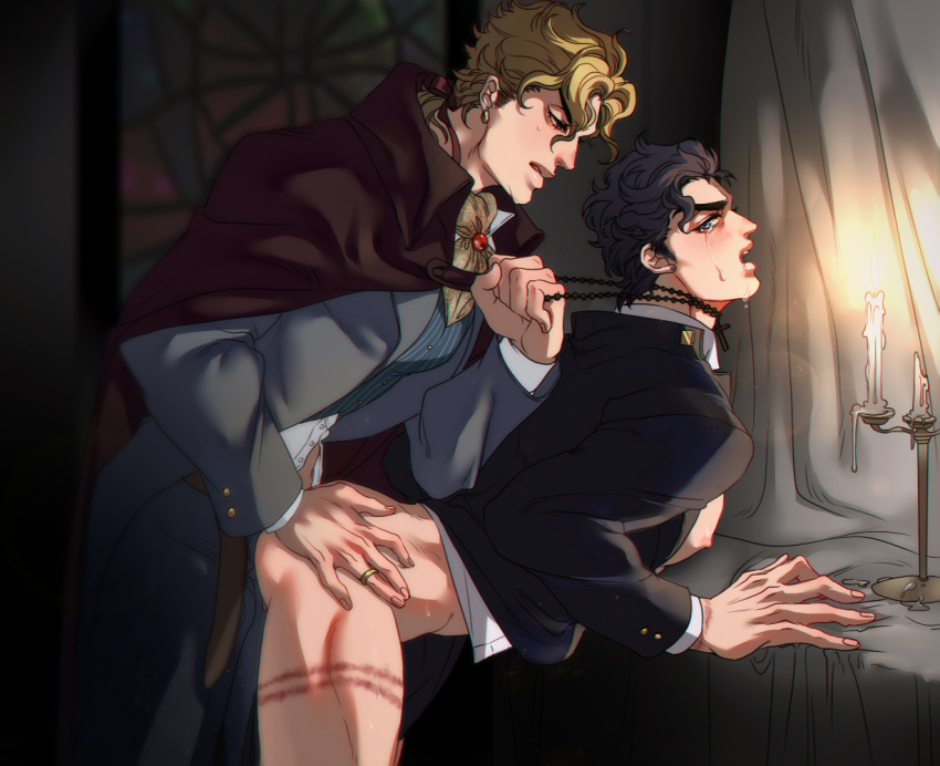 2boys anal ascot asphyxiation black_hair blonde_hair bottomless candelabra cape choking_on_object clothed_sex cross cross_necklace dio_brando doggystyle jewelry jojo_no_kimyou_na_bouken kujo_jotaro less_end male_focus multiple_boys necklace necklace_pull no_hat no_headwear phantom_blood priest ring sex stained_glass victorian wedding_band