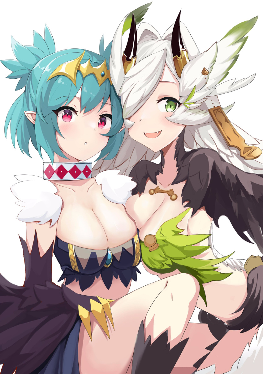 2girls absurdres animal_hands artist_request bangs blue_hair breasts brown_wings claws collar commission elil_(granblue_fantasy) eyebrows_visible_through_hair fangs feathered_wings feathers granblue_fantasy green_eyes green_wings hair_between_eyes hair_intakes harpy head_wings highres horns indie_virtual_youtuber lincoro long_hair looking_at_viewer medium_breasts monster_girl multiple_girls open_mouth parted_lips pointy_ears red_eyes second-party_source short_hair short_twintails twintails virtual_youtuber white_hair winged_arms wings