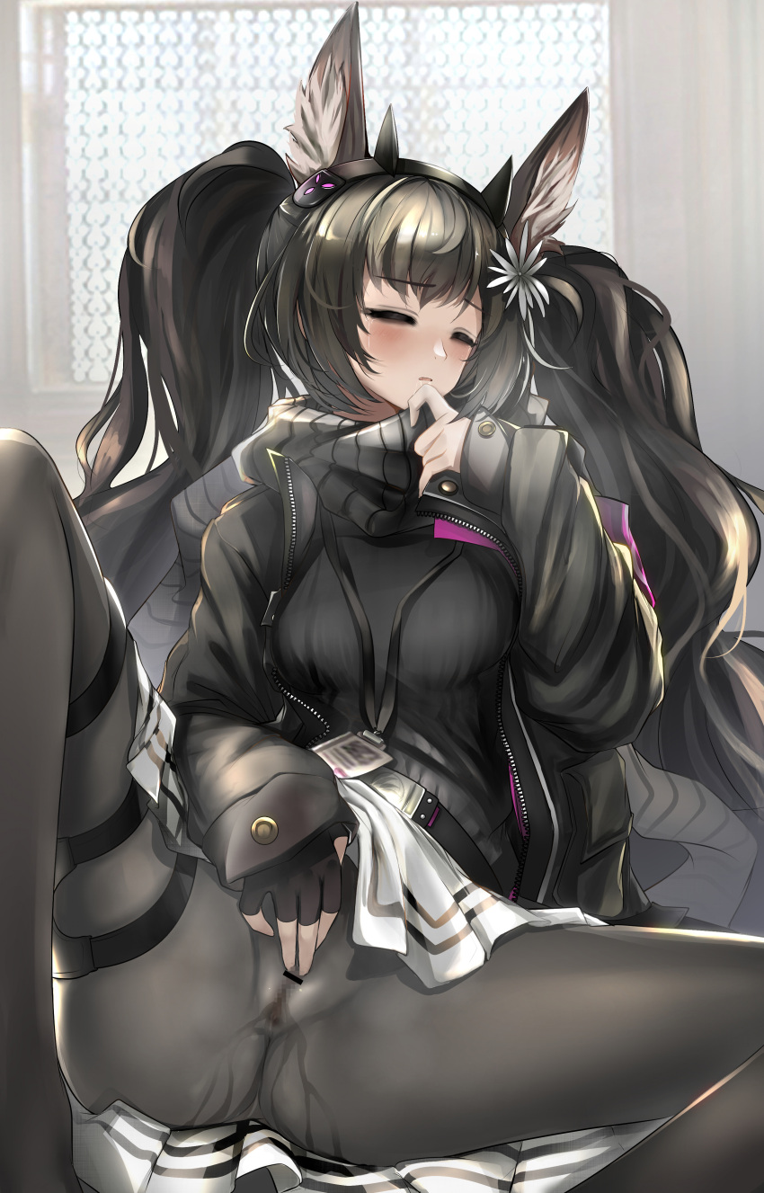 1girl absurdres animal_ear_fluff animal_ears arknights bangs bar_censor belt black_gloves black_hairband black_jacket black_legwear black_scarf black_sweater blush censored clitoral_stimulation closed_eyes closed_mouth clothes_lift covered_anus crying extra_ears eyebrows_visible_through_hair feet_out_of_frame fingerless_gloves flower gloves hair_flower hair_ornament hairband highres id_card indoors jacket lifted_by_self long_hair long_sleeves masturbation miniskirt mosaic_censoring moschi_(arknights) no_panties nopetroto open_clothes open_jacket pantyhose pussy pussy_juice reclining scarf skirt skirt_lift sleeves_past_wrists solo spread_legs steaming_body sweater tears thigh_strap twintails unzipped very_long_hair wet wet_clothes white_flower white_skirt