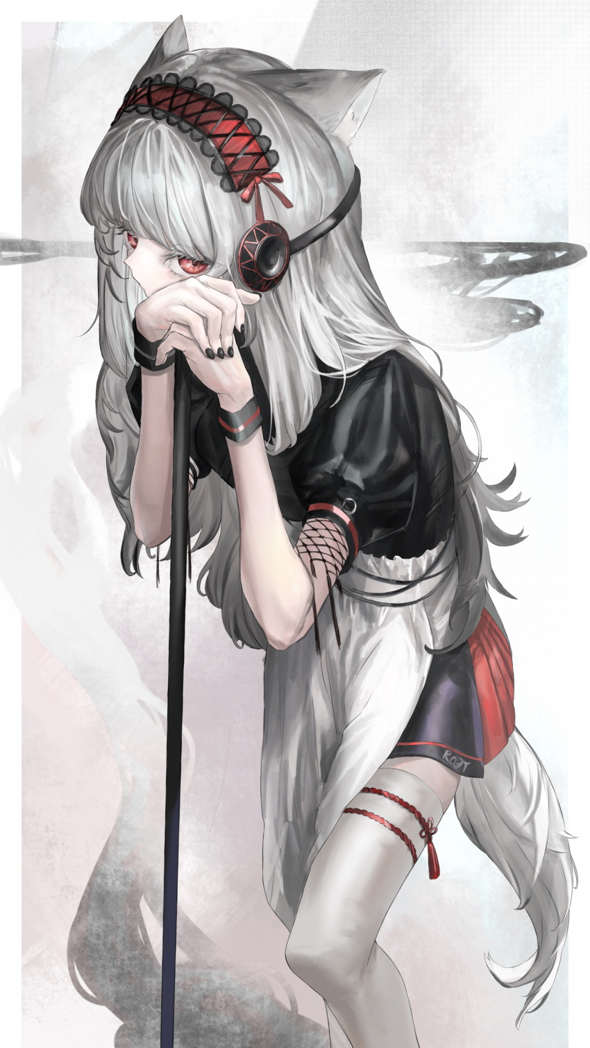 1girl absurdres alternate_costume animal_ears apron arknights black_dress black_nails dress enmaided feet_out_of_frame fox_ears fox_girl fox_tail frostleaf_(arknights) grey_hair hairband headphones highres implied_extra_ears long_hair looking_at_viewer maid own_hands_together red_eyes red_hairband sawatani_(_swt2) short_sleeves solo standing tail thighhighs white_apron white_background white_legwear