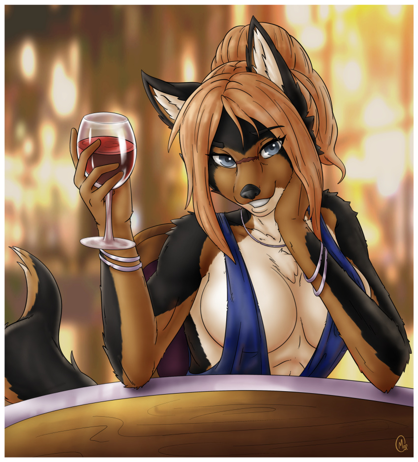 absurd_res alcohol anthro beverage blue_eyes canid canine canis classy clothing domestic_dog dress female german_shepherd hair herding_dog hi_res humanoid inner_ear_fluff mammal morgore paige_(tits) pastoral_dog ponytail scar solo tuft v-cut wine